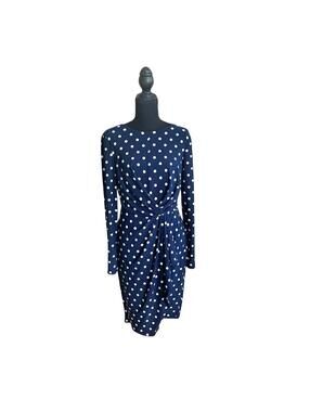 Lauren Ralph Lauren Polka Dot Office Work Dress Womens 8 Navy Long Sleeve Ruched